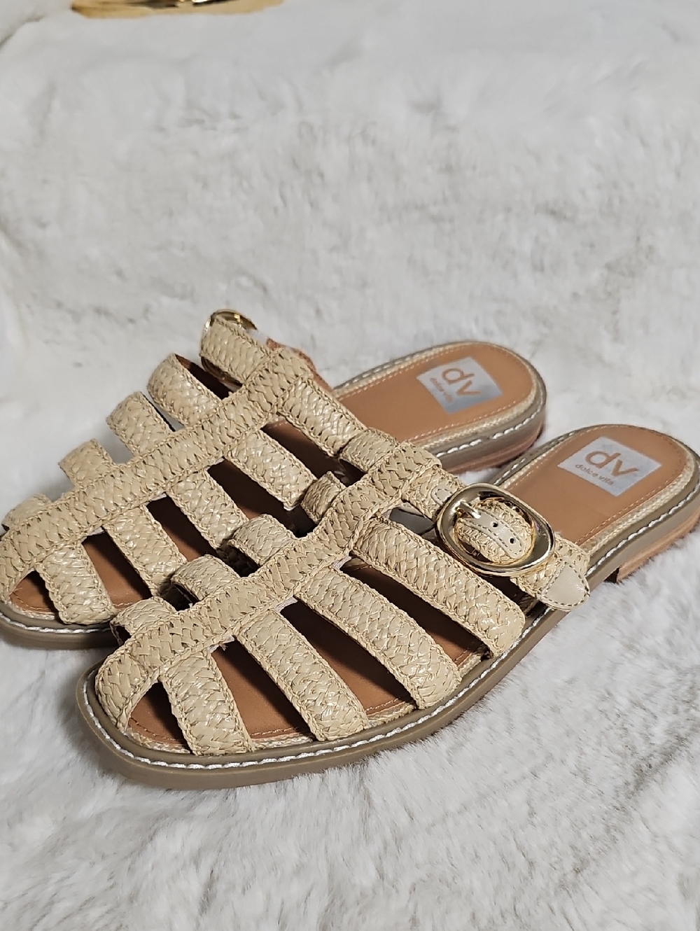 DV by Dolce Vita Beige Woven Slide Sandals with Gold Buckle